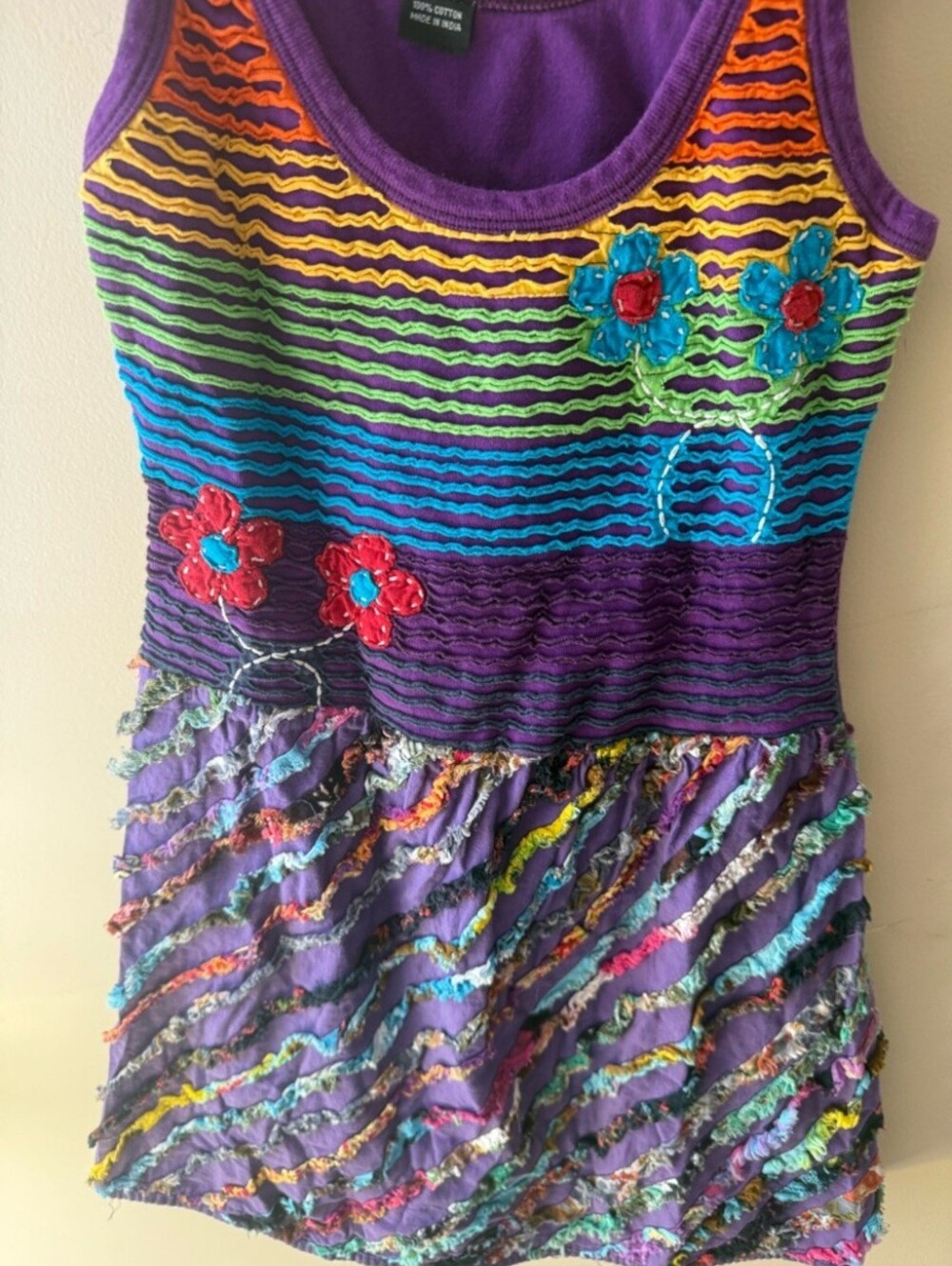 Hippie boho beachy Purple Multicolor Textured Floral mini Tank Dress XS Or XXS